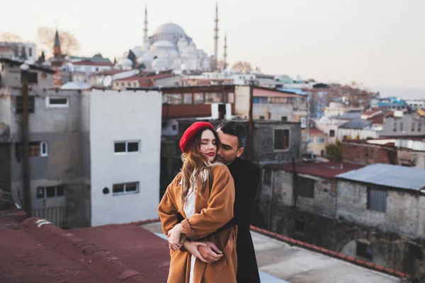 Couple in love on roof — Stock Photo, Image