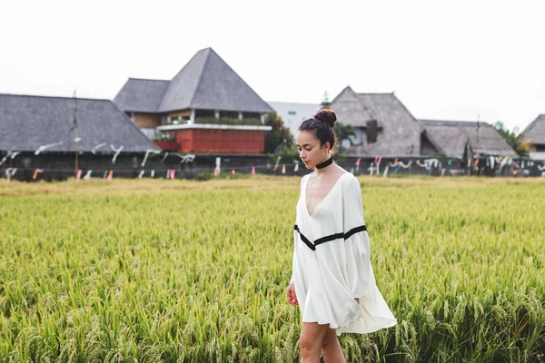 Mujer joven en el campo de arroz — Foto de Stock