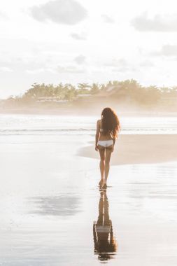 Yalnız kumsalda yürüyen kadın