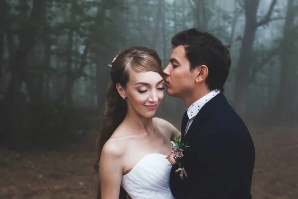 Bruden och brudgummen promenader i höst skog — Stockfoto
