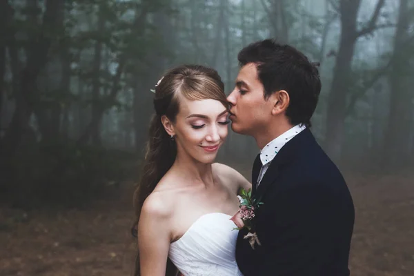 Novia y novio caminando en el bosque de otoño — Foto de Stock