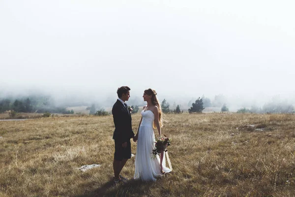 Mariée et marié dans les montagnes — Photo