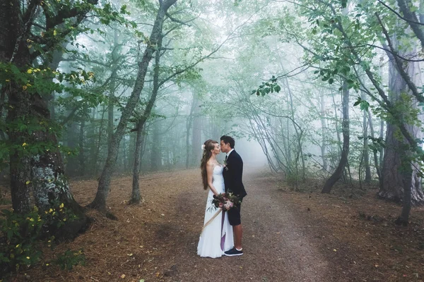 Novia y novio besándose en el bosque — Foto de Stock