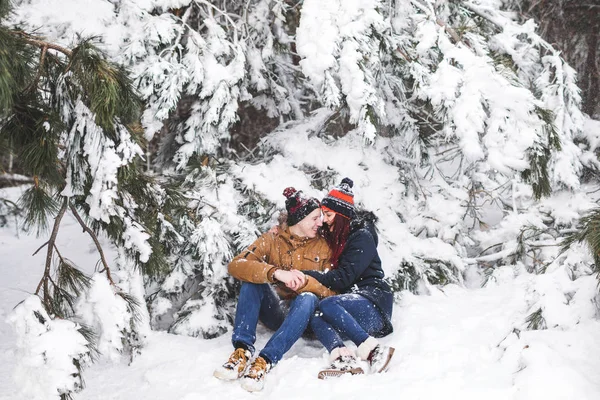 having fun kış ormanda Çift