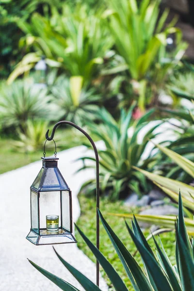Lâmpada de querosene de vidro vintage no jardim — Fotografia de Stock