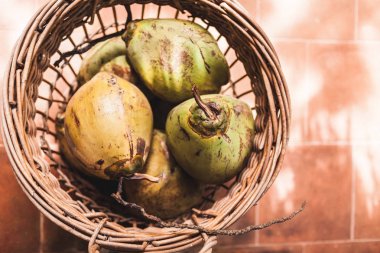 Taze yeşil genç hindistancevizi ile hasır sepet. Yukarıdan görüntülemek