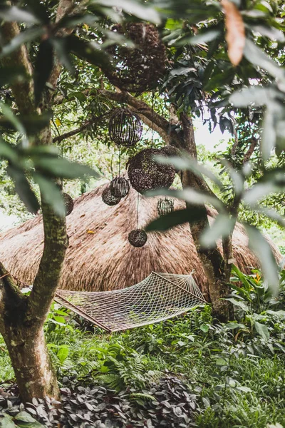 Hängematte Grünen Garten Mit Handgemachten Korbflechtlampen Tropischen Bali Stil Rustikaler — Stockfoto