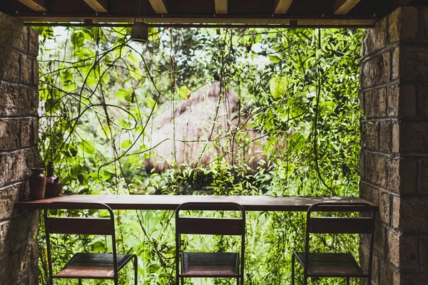 Bar counter and three chairs with garden view in Bali