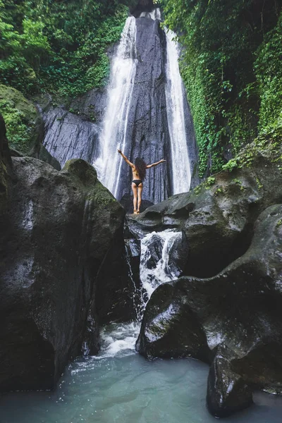 Woman Enjoying Hidden Jungle Cascade Waterfall Bali Slim Body Black — Stock Photo, Image