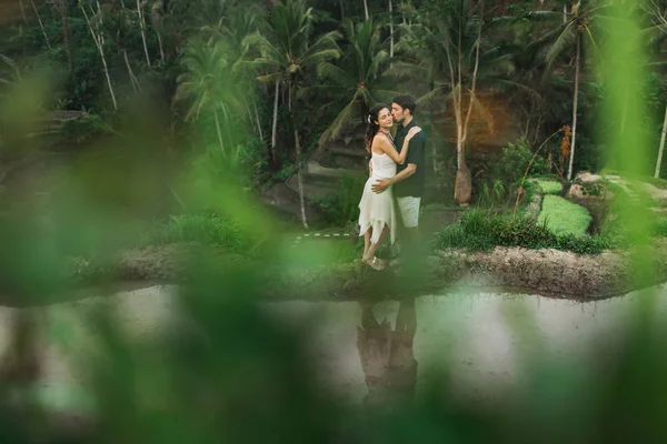 Jovem casal latino-americano com vista incrível de Ubud arroz terra — Fotografia de Stock