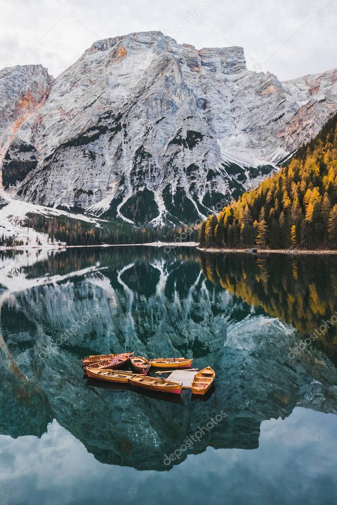 Autumn landscape of Lago di Braies Lake in italian Dolomites mou