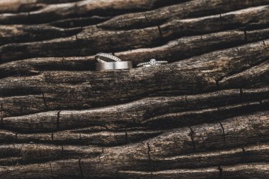 Üç düğün ve teklif yüzükleri. Tahta kahverengi değerli taşlar. 