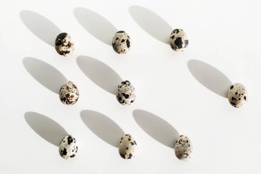 Beyaz masa arkasında bıldırcın yumurtası. Paskalya için alışılmadık ve farklı bir fotoğraf. Güzel güneş ışığı. Paschal konsepti.