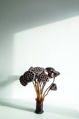 Beyaz masa arkasında kurumuş zambak olan saksı. İç dekorasyonda asgari stil. Çağdaş kavram. Güzel güneş ışığı. Metin veya imza için boş yer.