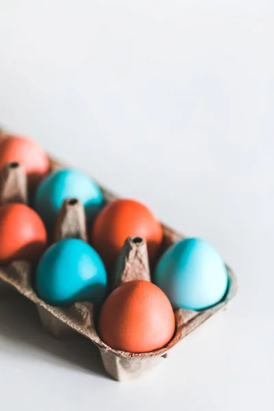 Painted Easter Eggs Carton Box White Background Trendy Blue Red — Stock Photo, Image