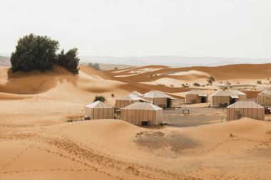 Contemporary luxury glamping camp in Morocco Sahara desert.  Sand dunes around. Many white modern eco tents. clipart