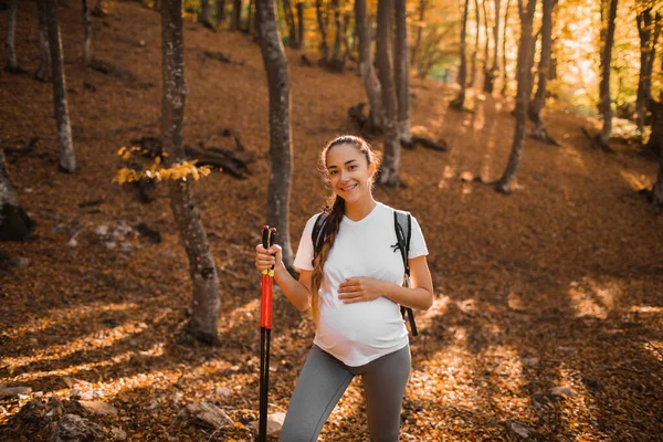 Retrato Jovem Mulher Grávida Feliz Caminhando Nórdica Floresta Outono Com — Fotografia de Stock