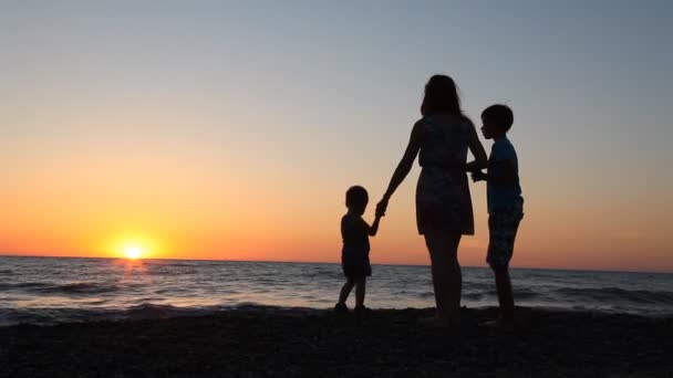 妈妈和儿子在日落海滩海洋的剪影 — 图库视频影像