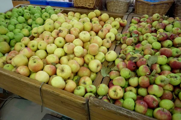 Apple red green on the shelf in the store — Stock Photo, Image