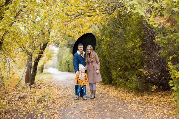 Familienspaziergang im Herbstwald im Park im Regen — Stockfoto