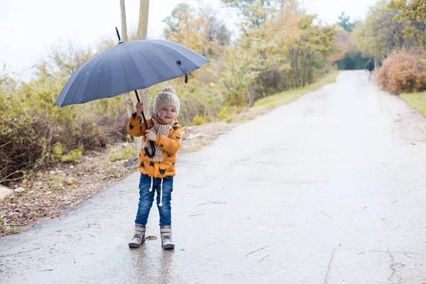 Mały chłopiec spacery jesienią deszcz parasol — Zdjęcie stockowe