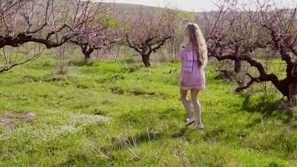 Ragazza bionda in abito rosa cammina nel lussureggiante giardino — Video Stock