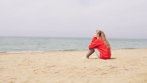 Ein Mädchen sitzt an einem Sandstrand und blickt auf das Meer — Stockvideo