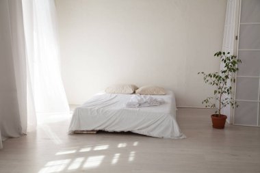 bedroom with a white bed and green plant