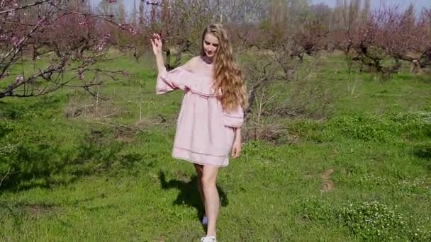 Pembe elbiseli sarışın kadın çiçek açan bir bahçe ağaçları ile yürüyor — Stok video