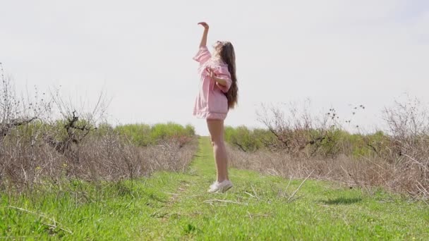 Дівчина в рожевій сукні позує в саду — стокове відео