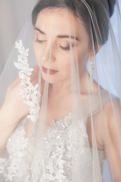 Morena mujer en vestido de novia gris — Foto de Stock