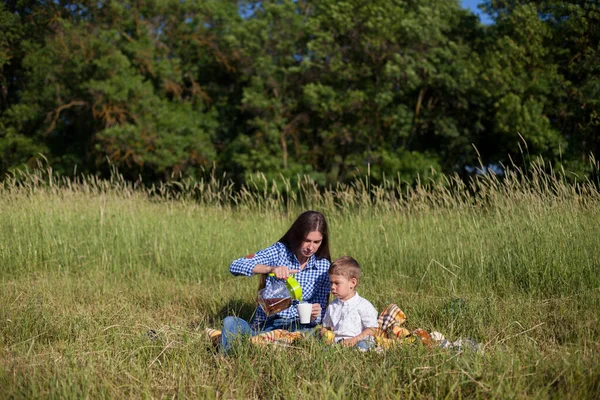 Mãe e filho comem no parque piquenique na natureza família — Fotografia de Stock
