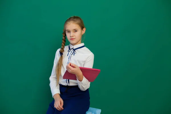Studentessa con tablet internet in classe a bordo verde — Foto Stock
