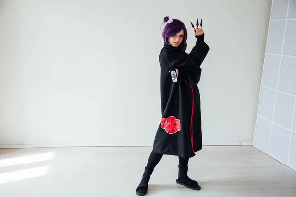 Fashionable woman with purple hair anime Japan — Stock Photo, Image