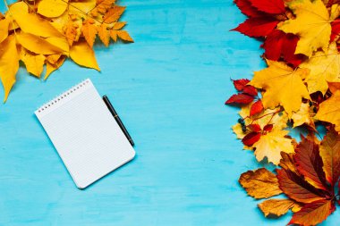 Sonbahar arkaplanı kırmızı ve sarı dökülen yapraklar yazı için konur