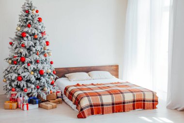 Kış Noel arka plan yatak yatak odası ağaç tatil hediyeler yeni yıl