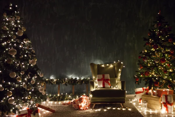 Luz de las huertas navideñas con regalos de fin de año de vacaciones de invierno —  Fotos de Stock
