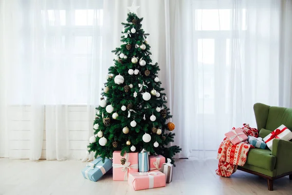Christmas Tree Interior Presents New Year Festive Background — 스톡 사진