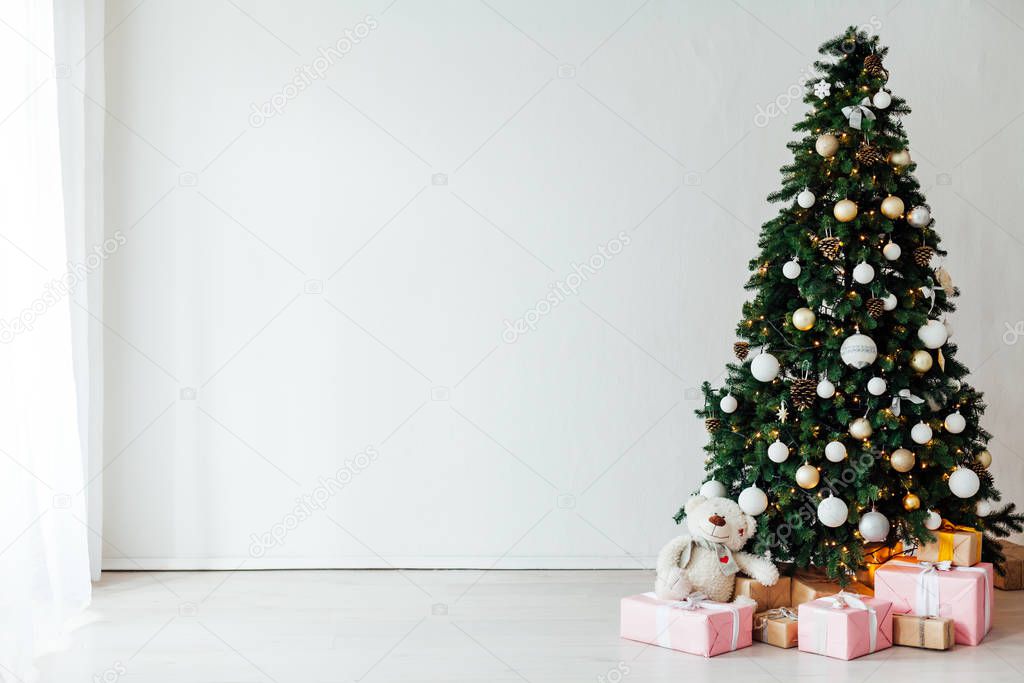 Christmas decor house Christmas tree with gifts for the new year as a background