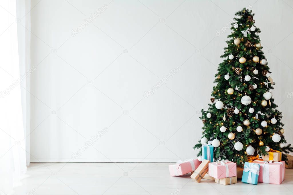 Christmas decor house Christmas tree with gifts for the new year as a background