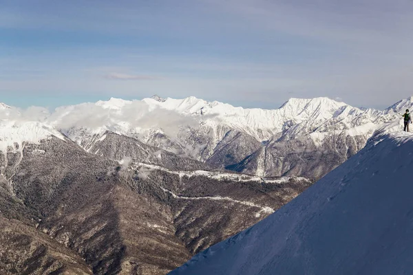 Esquiador Fotografar Paisagem Montanhas Snowboard — Fotografia de Stock