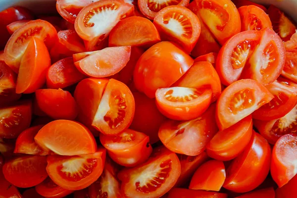 Viele rote gehackte Tomaten zum Essen Hintergrund — Stockfoto