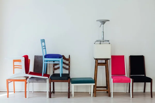 Many Different Chairs Disarray Interior Empty White Room — Stock Photo, Image