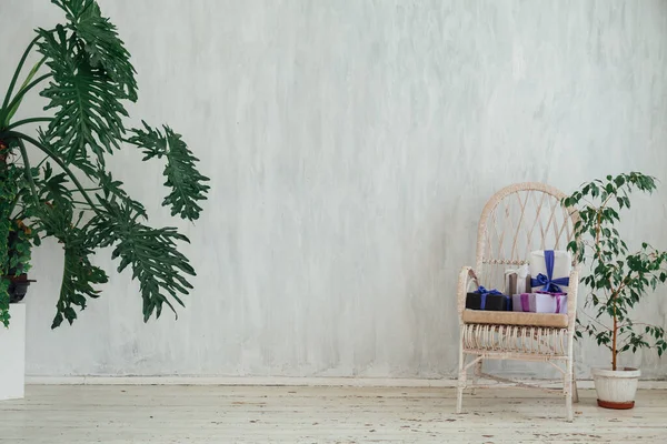 Chaise Avec Des Cadeaux Avec Des Plantes Maison Intérieur Une — Photo