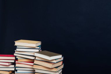 Kara arka planda, evin kütüphanesinde öğretecek bir sürü eğitim kitabı var.