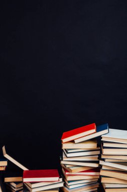 Kara arka planda, evin kütüphanesinde öğretecek bir sürü eğitim kitabı var.