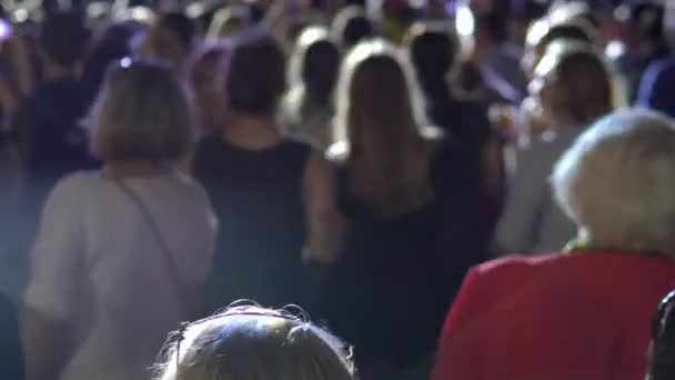 Menigte steunt mensen dansen op muziek bij concert — Stockvideo