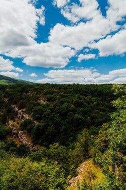 Güzel manzara yeşil orman dağları mavi gökyüzü