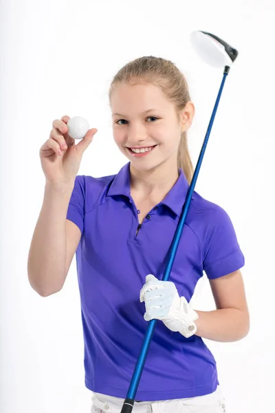 Pretty girl golfer on white backgroud in studio Stock Image