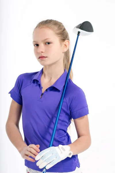 Pretty girl golfer on white backgroud in studio Royalty Free Stock Images